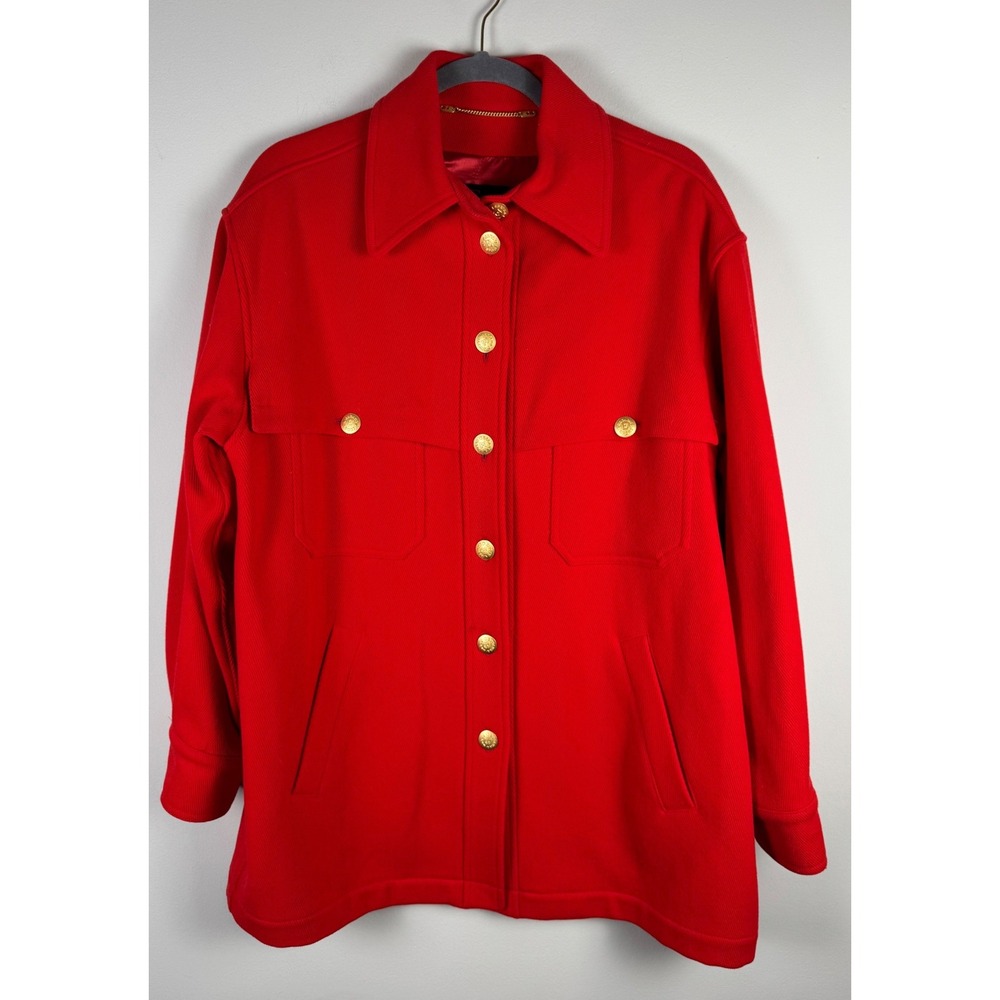 Escada Sport Red Wool Herringbone Utility Jacket Gold Logo Button Womens Medium